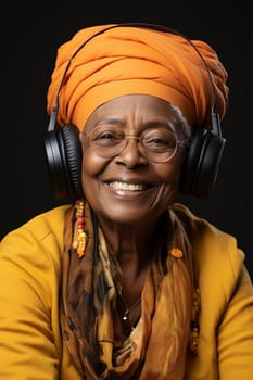 Smiling mature african woman wearing headband and scarf listening to music on headphones.education and entertainment concept.Generative AI