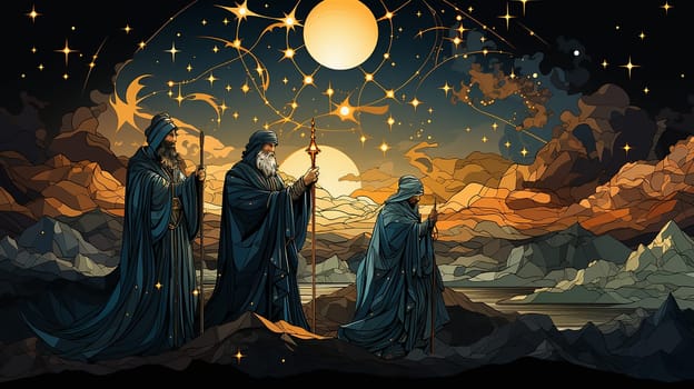 Three Kings and the guiding star against a backdrop of a clear and breathtaking night sky.three Wise Men silhouetted with room for copy. Generative AI