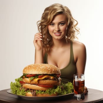 Beautiful blonde woman with big hamburger and drink.