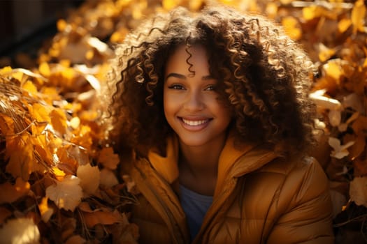 portrait of a cheerful cute curly african american girl in a yellow jacket against the background of autumn leaves.autumn background.