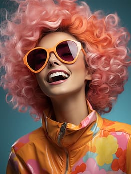 Fashion portrait of a beautiful cheerful sexy woman in stylish summer sunglasses with fashionable wavy curly pink hair in bright clothes,Close-up of a woman's face.