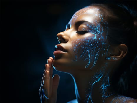Neon lines on the face of a young woman on a dark background. introduction of artificial intelligence and the latest technologies in cosmetology and medicine. visual work of nanotechnologies.Generative AI