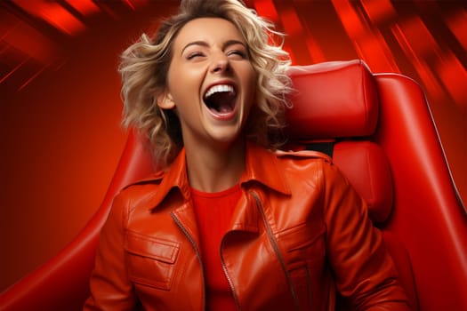 cheerful young blonde woman in a red suit laughs while sitting in a chair. copy space
