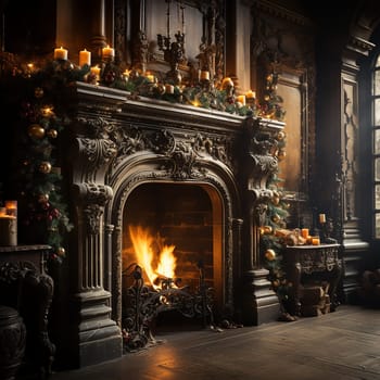 Dark gothic living room interior with a huge fireplace, decorated for Christmas with fir garlands, candles and Christmas decorations