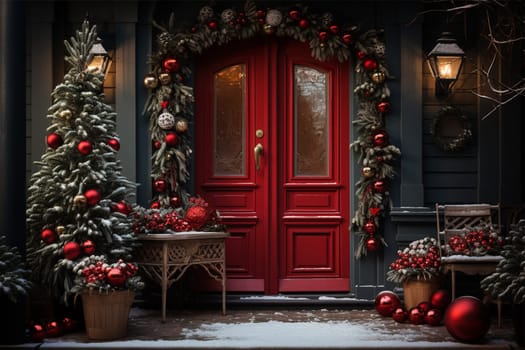 New Year concept background of red door in Christmas decoration.Christmas door decoration with beautiful traditional wreath. Christmas celebration, home decoration, family holiday. Copy space.