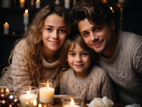 Happy family at home wearing cozy knitted sweaters on Christmas Eve