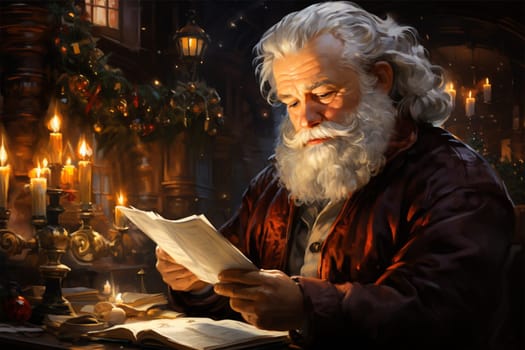 Santa Claus reads letters from children in his home at the table against the backdrop of Christmas lights. Generative AI