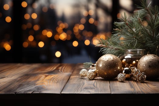 dark wooden table with Christmas tree golden decorations on abstract blurred Christmas background. can be used to demonstrate or mount your products. Layout for space.Generative AI