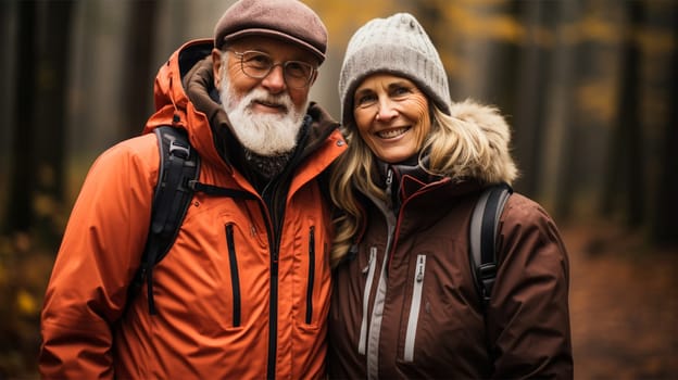 Portrait of an older couple in the park.Old couple walking outside in autumn.Generative AI