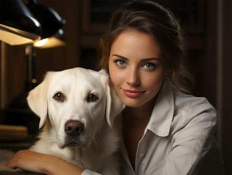 beautiful female veterinarian doctor hugged cute happy golden retriever dog in veterinary clinic. pet health check.