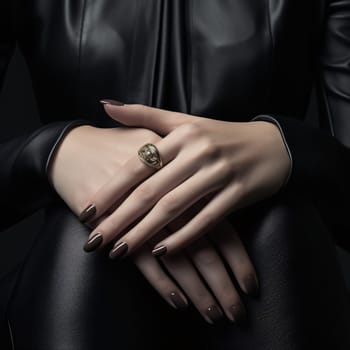 Glamour woman hand with classic black nail polish on her fingernails. Red nail manicure with gel polish at luxury beauty salon. Nail art and design. Female hand model. French manicure. Generative AI.