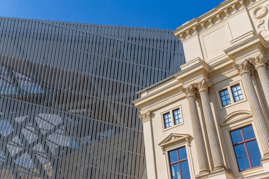 Dresden, Germany - August 13, 2023: Detail of the exterior of the Military History Museum in Dresden.