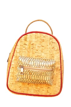 Hand bag isolated. Fashionable brown female luxury women handbag made from oak cork isolated on a white background. Clipping path. Cork fashion.