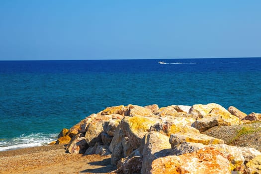 Milazzo, Messina, Sicily, Italy - 02 October 2023. Rocks on the coast of Tyrrhenian Sea.
