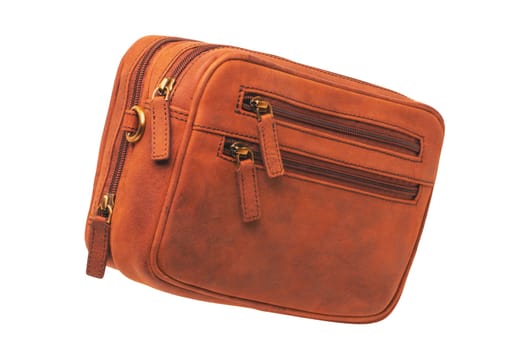 Leather handbag isolated. Close-up of brown businessman luxury leather wrist handbag. Clipping Path. Fashionable brown leather briefcase or bag for men.