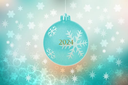 Merry Christmas and Happy New Year 2024 card background texture design with abstract blurred festive blue and white bokeh lighted glittering snowflakes and stars.