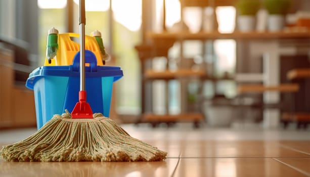 Cleaning supplies. Plastic bucket and mop in house,apartment or office. Set for cleaning. Household cleaning products. Cleaning products in a bucket Copy space