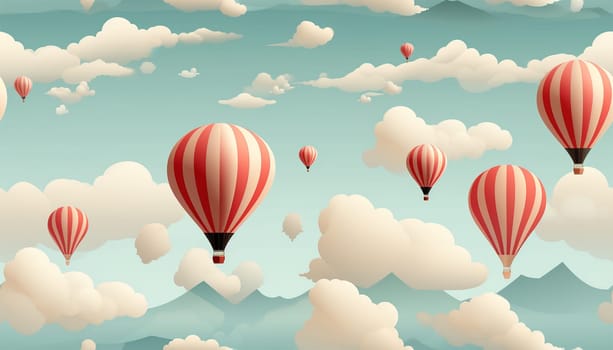 Cute pastel colored Boho seamless pattern with hot air balloons and clouds. Hand drawn balloon in the sky.Pastel neutral shades. Cute baby background. Funny decor for nursery, textiles, clothing, packaging, interior. Copy space