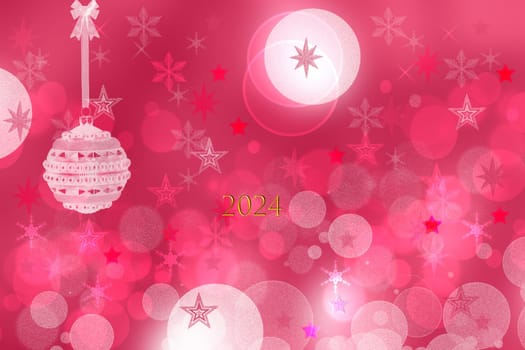 Abstract blurred festive light red pink white winter christmas or Happy New Year background texture with white bokeh circles, balls and stars. Card 2024.