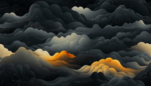 Cute night sky background with colorful clouds. dark blue seamless pattern with gold foil constellations, stars and clouds. Watercolor night sky background Dreamy design copy space
