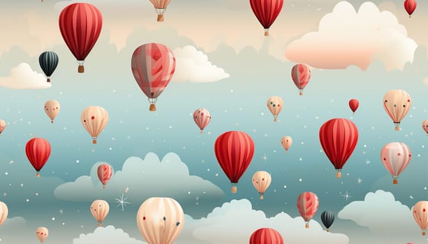 Cute pastel colored Boho seamless pattern with hot air balloons and clouds. Hand drawn balloon in the sky.Pastel neutral shades. Cute baby background. Funny decor for nursery, textiles, clothing, packaging, interior. Copy space