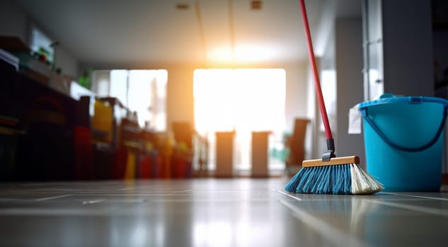 Cleaning supplies. Plastic bucket and mop in house,apartment or office. Set for cleaning. Household cleaning products. Cleaning products in a bucket Copy space