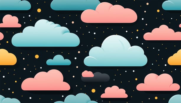 Cute night sky background with colorful clouds. dark blue seamless pattern with gold foil constellations, stars and clouds. Watercolor night sky background Dreamy design copy space