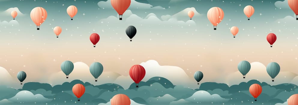 Cute pastel colored Boho seamless pattern with hot air balloons and clouds. Hand drawn balloon in the sky.Pastel neutral shades. Cute baby background. Funny decor for nursery, textiles, clothing, packaging, interior. Copy space