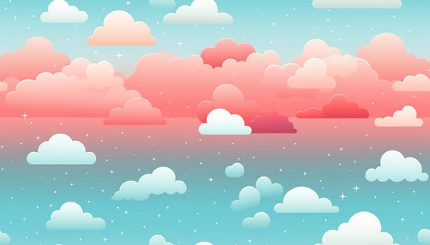 Cute colorful pastel clouds seamless pattern background. Rainbow unicorn background with clouds and stars. Pastel color sky. Magical landscape, abstract fabulous pattern. Cute candy wallpaper. Copy space