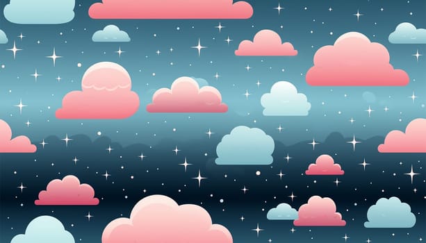 Cute colorful pastel clouds seamless pattern background. Rainbow unicorn background with clouds and stars. Pastel color sky. Magical landscape, abstract fabulous pattern. Cute candy wallpaper. Copy space