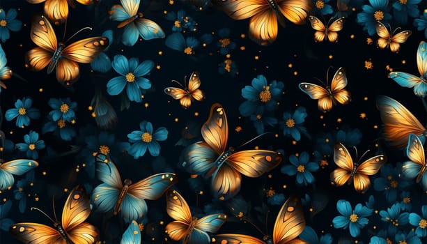 Cute wildflowers and night butterflies seamless pattern. Flowers and insects. art illustration. Navy blue background and gold foil printing. Dark floral pattern for textiles, paper, wallpapers. Orange and blue
