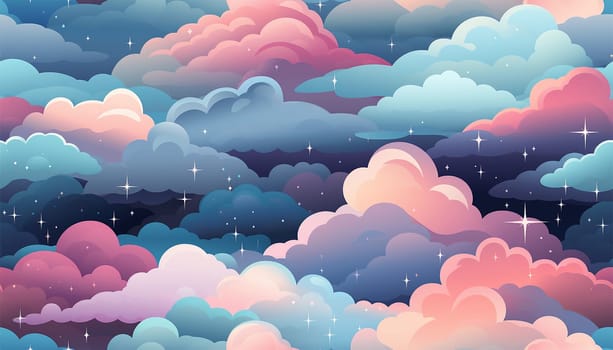 Cute colorful pastel clouds seamless pattern background. Rainbow unicorn background with clouds and stars. Pastel color sky. Magical landscape, abstract fabulous pattern. Cute candy wallpaper. Copy space