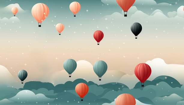 Cute pastel colored Boho seamless pattern with hot air balloons and clouds. Hand drawn balloon in the sky.Pastel neutral shades. Cute baby background. Funny decor for nursery, textiles, clothing, packaging, interior. Copy space