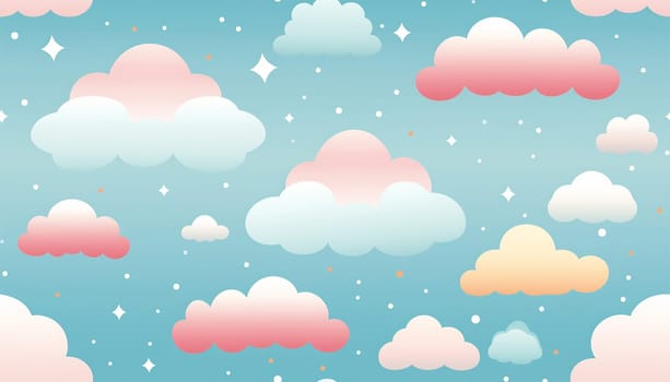 Cute colorful pastel clouds seamless pattern background. Rainbow unicorn background with clouds and stars. Pastel color sky. Magical landscape, abstract fabulous pattern. Cute candy wallpaper. Copy space