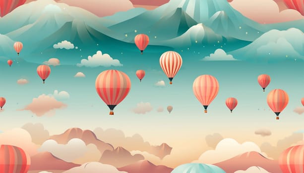 Cute pastel colored Boho seamless pattern with hot air balloons and clouds. Hand drawn balloon in the sky.Pastel neutral shades. Cute baby background. Funny decor for nursery, textiles, clothing, packaging, interior. Copy space