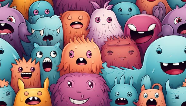 Cute colorful various monsters. seamless cool monsters pattern illustration pastel colored Children's pattern with cute adorable scary monster background in a row