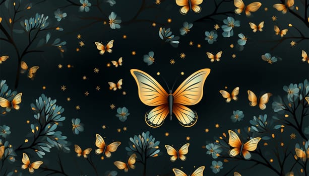 Cute wildflowers and night butterflies seamless pattern. Flowers and insects. art illustration. Navy blue background and gold foil printing. Dark floral pattern for textiles, paper, wallpapers. Orange and blue