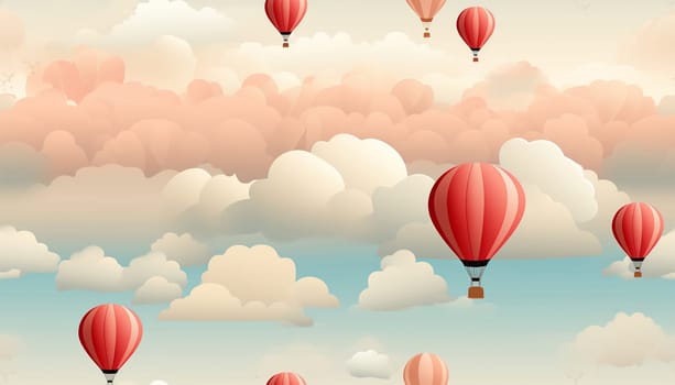 Cute pastel colored Boho seamless pattern with hot air balloons and clouds. Hand drawn balloon in the sky.Pastel neutral shades. Cute baby background. Funny decor for nursery, textiles, clothing, packaging, interior. Copy space