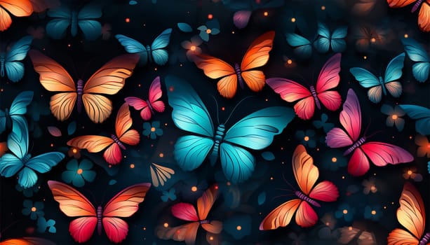 Cute wildflowers and night butterflies seamless pattern. Flowers and insects. art illustration. Navy blue background and gold foil printing. Dark floral pattern for textiles, paper, wallpapers. Orange and blue