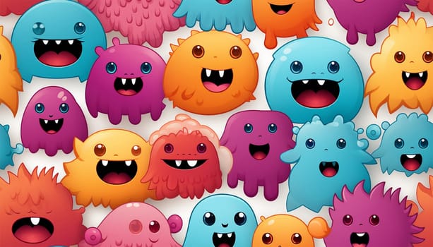 Cute colorful various monsters. seamless cool monsters pattern illustration pastel colored Children's pattern with cute adorable scary monster background in a row