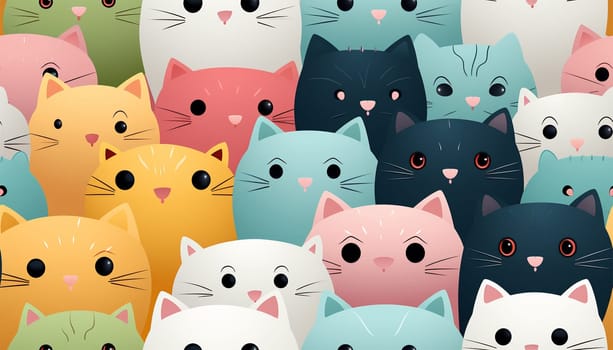 Cute cats Kawaii kittens funny .Seamless pattern of cute colorful cat cartoon.Happy meow.Animals character design.Image for card,poster,baby clothing.Kawaii.Colorful Illustration. In a row