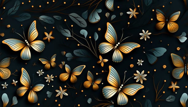 Cute wildflowers and night butterflies seamless pattern. Flowers and insects. art illustration. Navy blue background and gold foil printing. Dark floral pattern for textiles, paper, wallpapers. Orange and blue