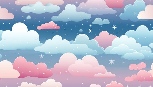 Cute colorful pastel clouds seamless pattern background. Rainbow unicorn background with clouds and stars. Pastel color sky. Magical landscape, abstract fabulous pattern. Cute candy wallpaper. Copy space
