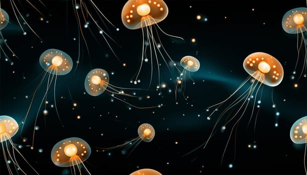 Jellyfish seamless pattern. Dark luxury art background with hand drawn jellyfish in gold art line style. Minimalistic banner with marine life for decoration, wallpaper, print, textile, interior design, packaging Cute