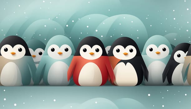 Seamless pattern, cute winter wonderland background of penguins cute character on light blue background in the snow on ice Copy space space for text