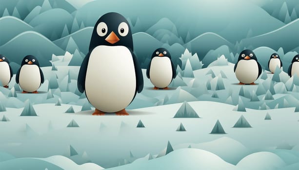 Seamless pattern, cute winter wonderland background of penguins cute character on light blue background in the snow on ice Copy space space for text