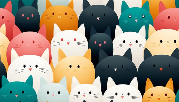 Cute cats Kawaii kittens funny .Seamless pattern of cute colorful cat cartoon.Happy meow.Animals character design.Image for card,poster,baby clothing.Kawaii.Colorful Illustration. In a row