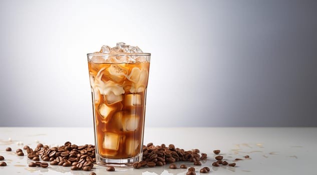 Latte coffee with milk on white background. cold brewed iced latte coffee, showing separate in a layer the bottom as milk top by coffee shot in a plastic glass. isolated white background Copy space Spcae for text