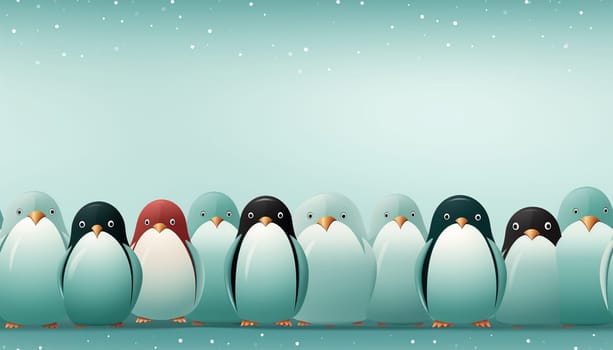 Seamless pattern, cute winter wonderland background of penguins cute character on light blue background in the snow on ice Copy space space for text