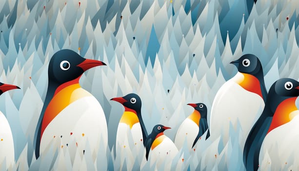 Seamless pattern, cute winter wonderland background of penguins cute character on light blue background in the snow on ice Copy space space for text
